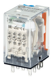 Промежуточное реле; 4 перекидных контакта 6А (= 220В DC) блокируемая кнопка проверки + светодиод