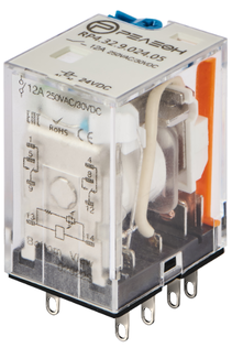 Промежуточное реле; 2 перекидных контакта 12А (= 110В DC) блокируемая кнопка проверки + светодиод