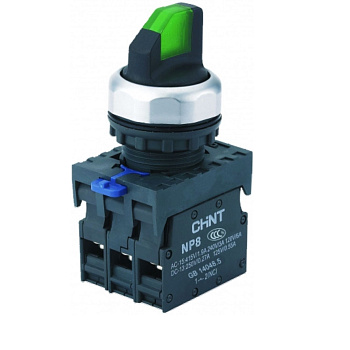 Переключатель с подсветкой NP8-11XD/213, 2 положения с фиксацией, 1НО+1НЗ зелёная AC/DC 24В(LED) IP65 (R)(CHINT)