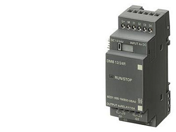 МОДУЛЬ ВВОДА-ВЫВОДА ДИСКРЕТНЫХ СИГНАЛОВ LOGO! DM8 12/24R: ПИТАНИЕ =12/24В; 4DI =12/24В; 4DO С ЗАМЫКАЮЩИМИ КОНТАКТАМИ РЕЛЕ, ДО 5А НА КОНТАКТ; ВНУТРЕННЯЯ ШИНА БЕЗ ГАЛЬВАНИЧЕСКОГО РАЗДЕЛЕНИЯ ЦЕПЕЙ