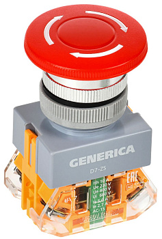 Кнопка D7-ZS "Грибок" d=22мм 1NC+1NO пов. фикс кр. GENERICA